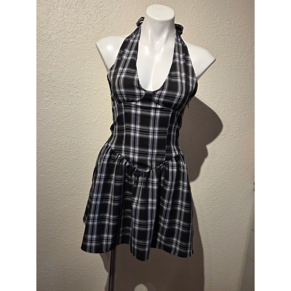 Black White Plaid Halter Mini Dress Skater Style Punk Gothic Preppy Women Small